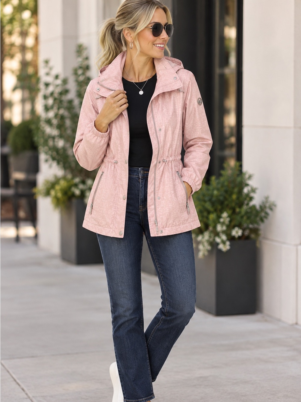 Michael Kors Rosewater Logo Print Hooded Anorak Jacket M